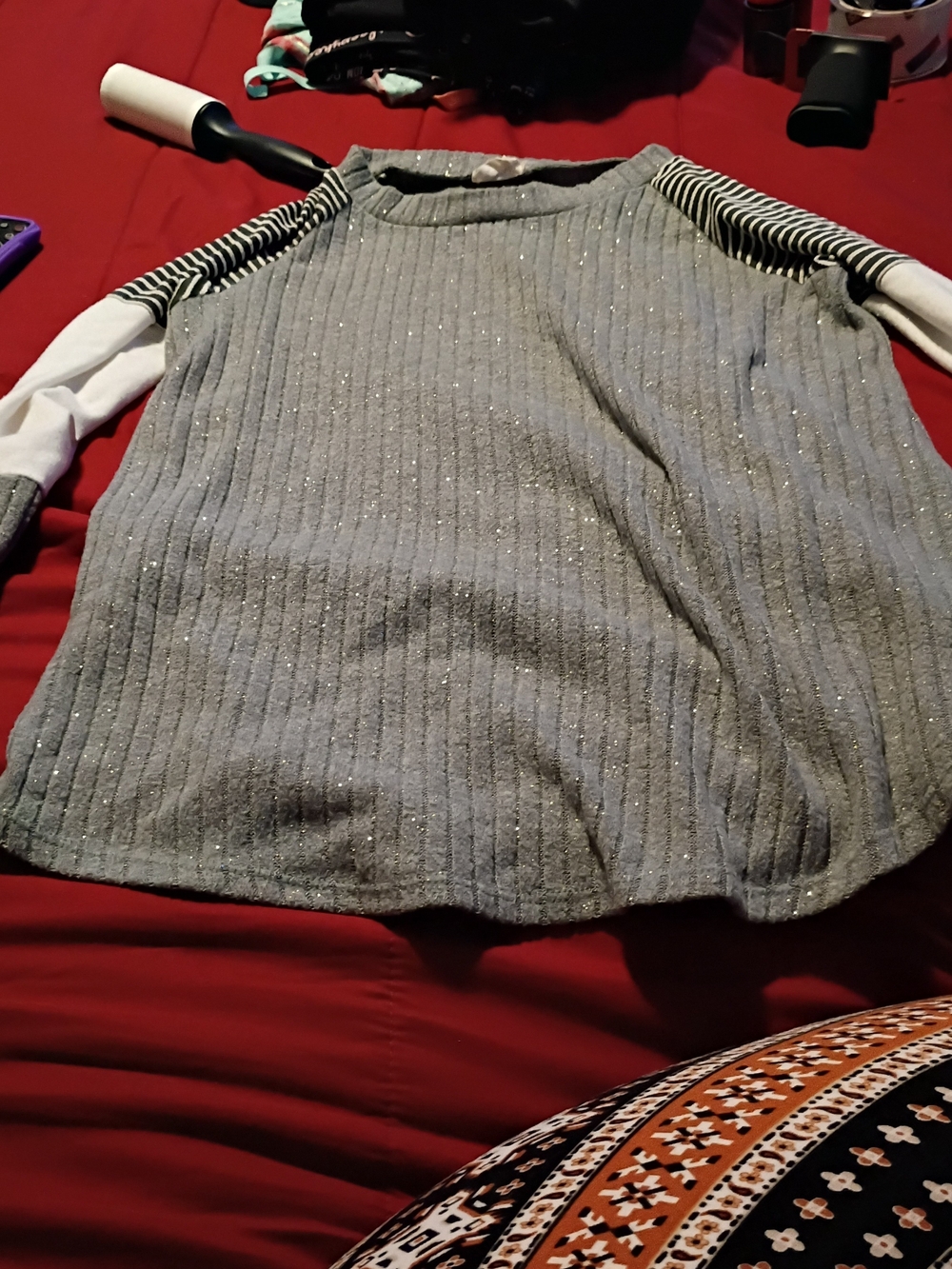 Lovely Melody Sparkle Ribbed Gray Sweater with Striped Shoulder Accents